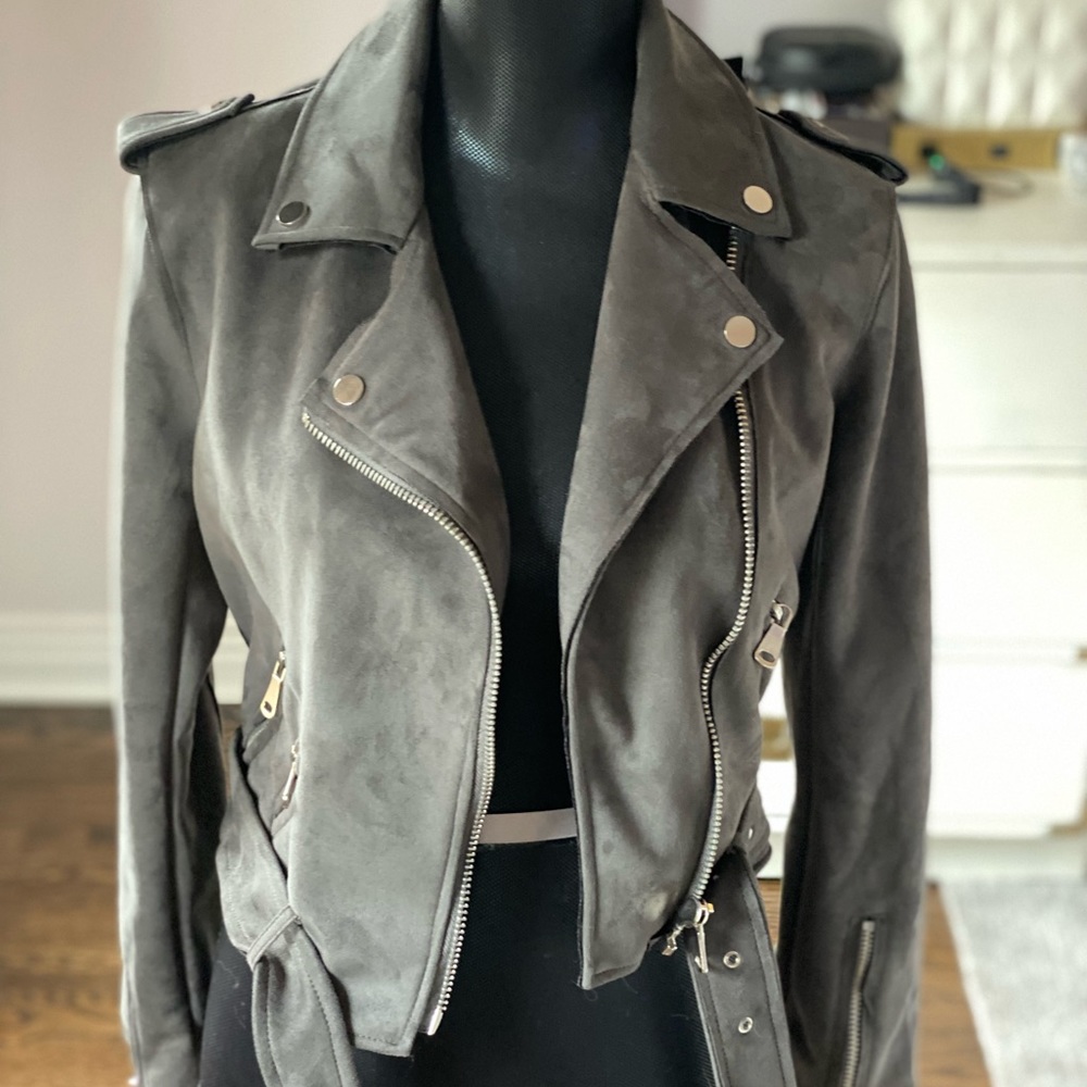 Front Belted PU Leather (suede like) Cross Zipper Jacket - SZ Medium